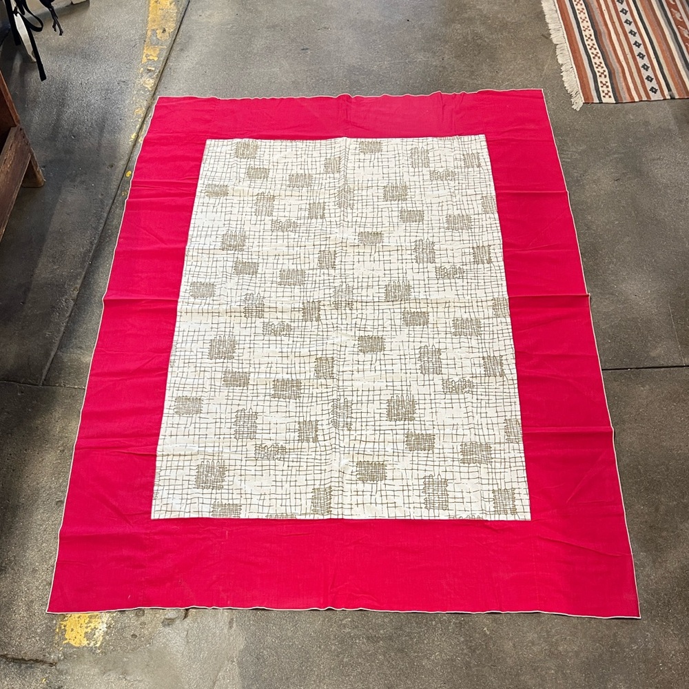 Vintage Tablecloth red 9” edge with cream & soft faded metallic insert